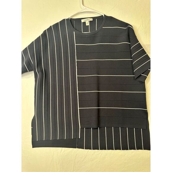 MaxMara Striped Boxy Top Navy White Short Sleeve Geometric Pattern Size M - Picture 1 of 8